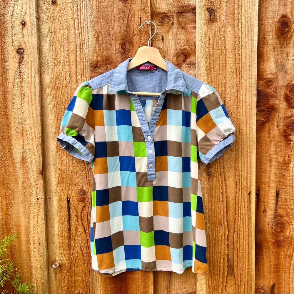 Vintage Plaid Quilt-like Puff-Sleeve Henley Top 🌿